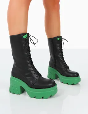Ever Black Green Laced Chunky Green Sole Ankle Boots