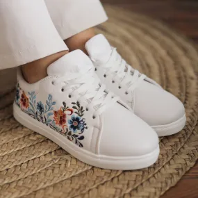 Floral Embroidered Sneakers - White